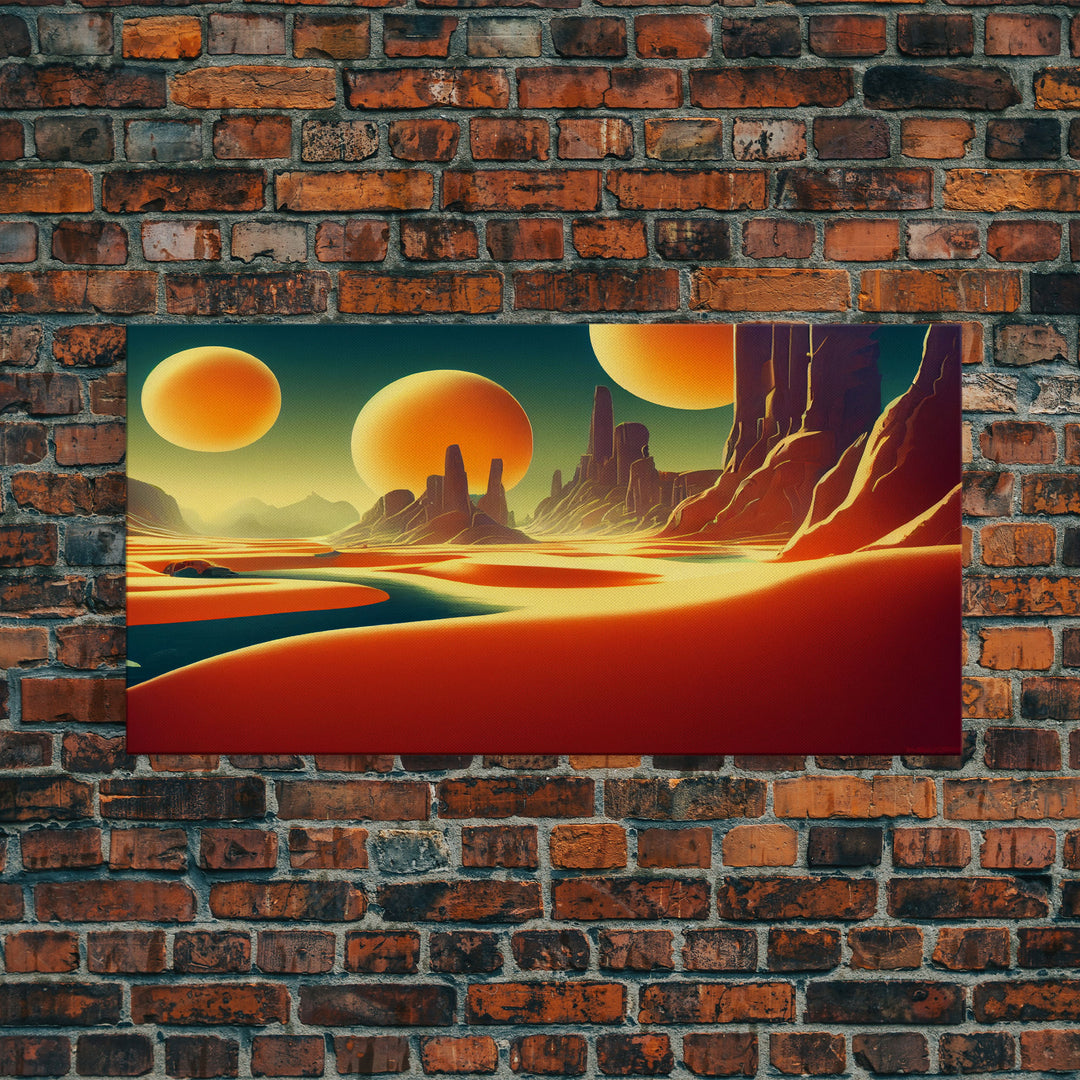 Trippy Art Deco Scifi Painting of an Alien World,  Wall Decor, Ready To Hang Framed Canvas Print, Oversize Wall Art