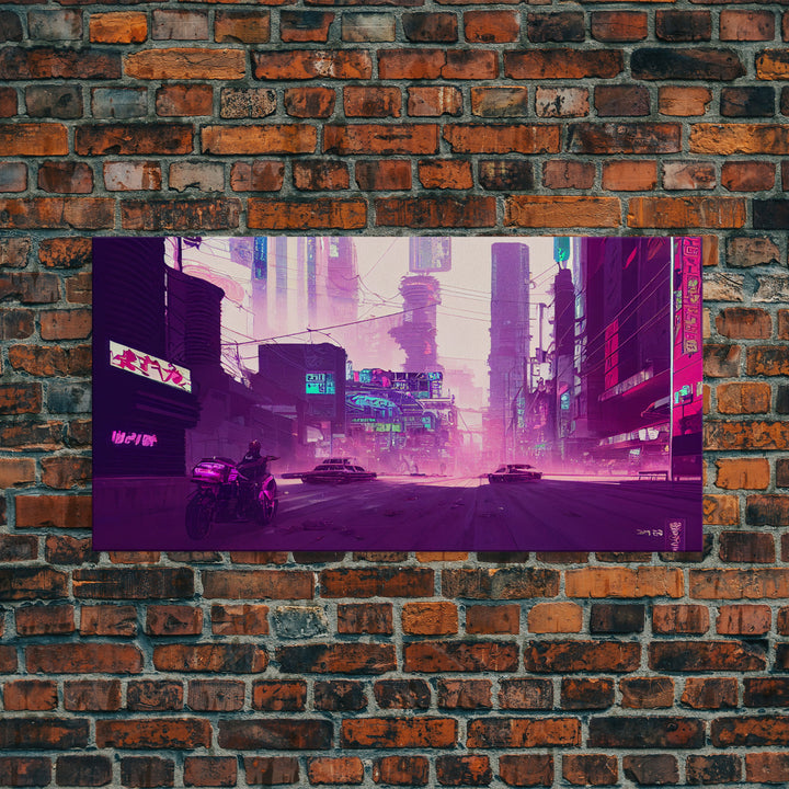 Cyberpunk Watercolor Tokyo Painting, Outrun Vibes Art, Wall Decor, Ready To Hang Framed Canvas Print, Oversize Wall Art