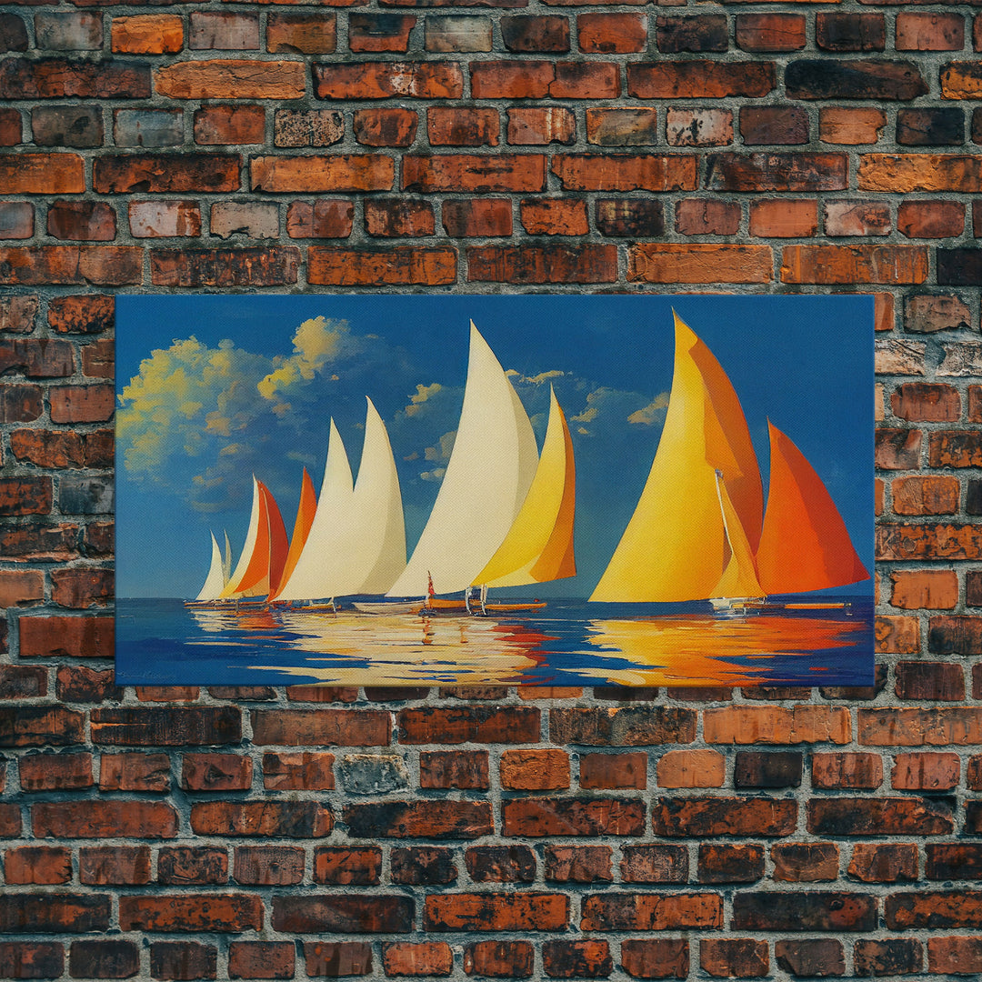 Art Deco Sailboats, Sailing Art, Sailing on the open sea, Wall Decor, Ready To Hang Framed Canvas Print, Oversize Wall Art