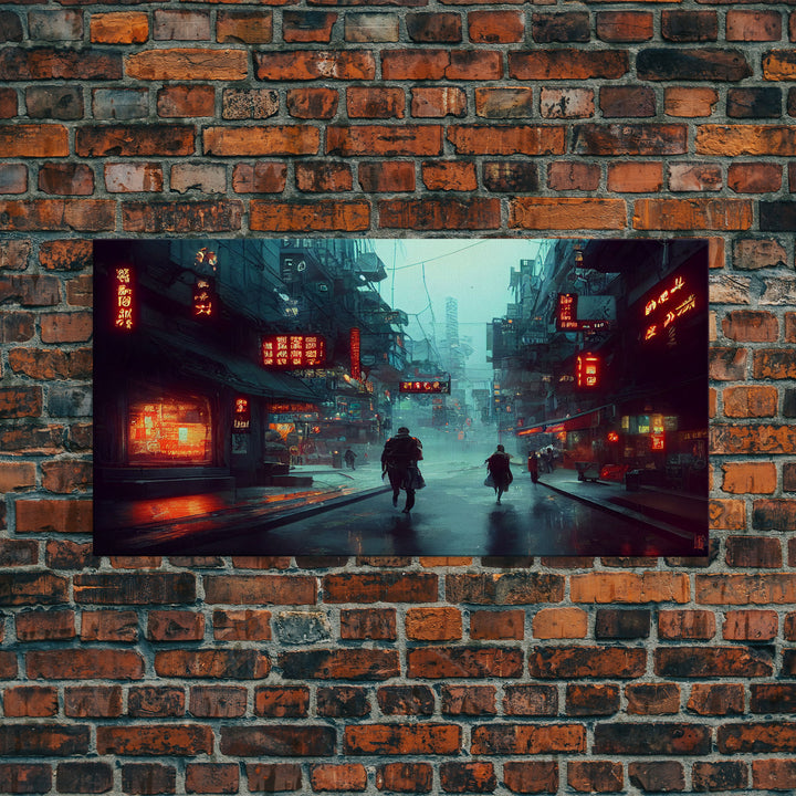 Cyberpunk City, Bladerunner Vibes Dystopian Cityscape, Wall Decor, Ready To Hang Framed Canvas Print, Oversize Wall Art