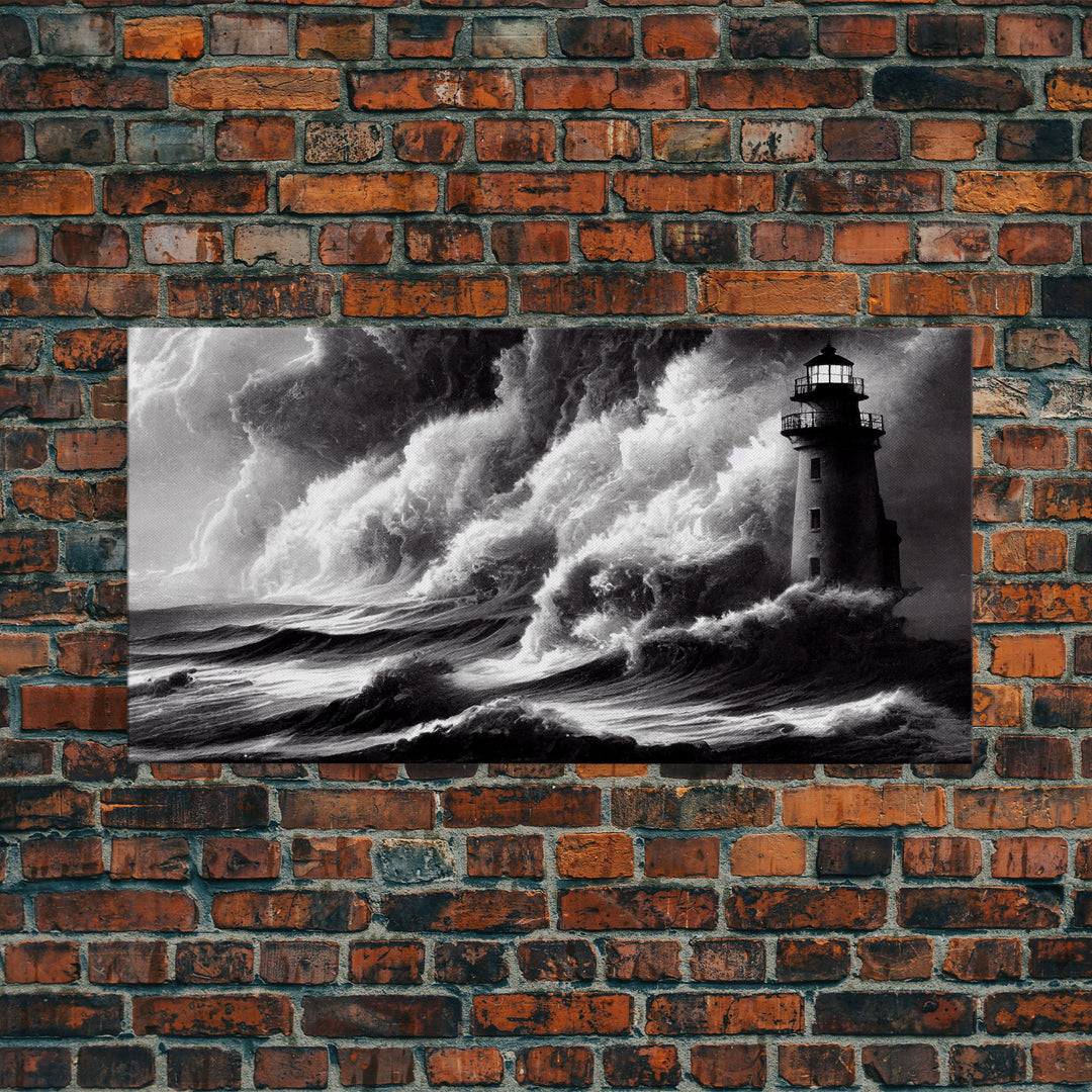 Lighthouse in a storm, black and white, tsunami waves, framed canvas print, ready to hang framed wall art