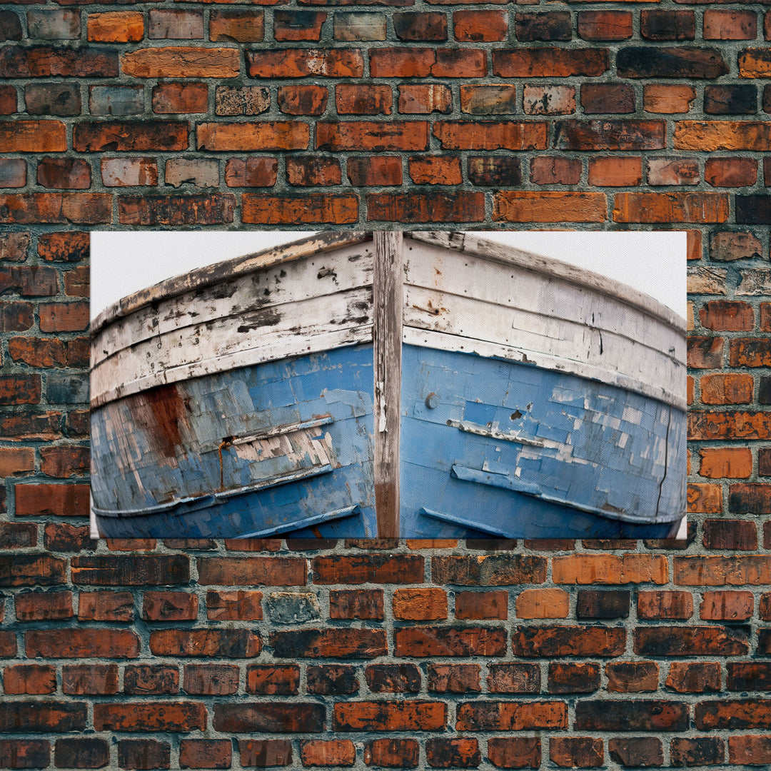 Photo Of An Old Wooden Boat With Peeling Paint, Framed Canvas Print, Nautical Wall Art, Lakehouse Decor