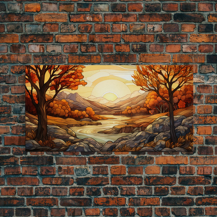 Fall Centerpiece Landscape Painting Canvas Print, Stained Glass Style Art, Stained Glass Wall Art, Autumn Decor, Rustic Fall Art, Fall Decor