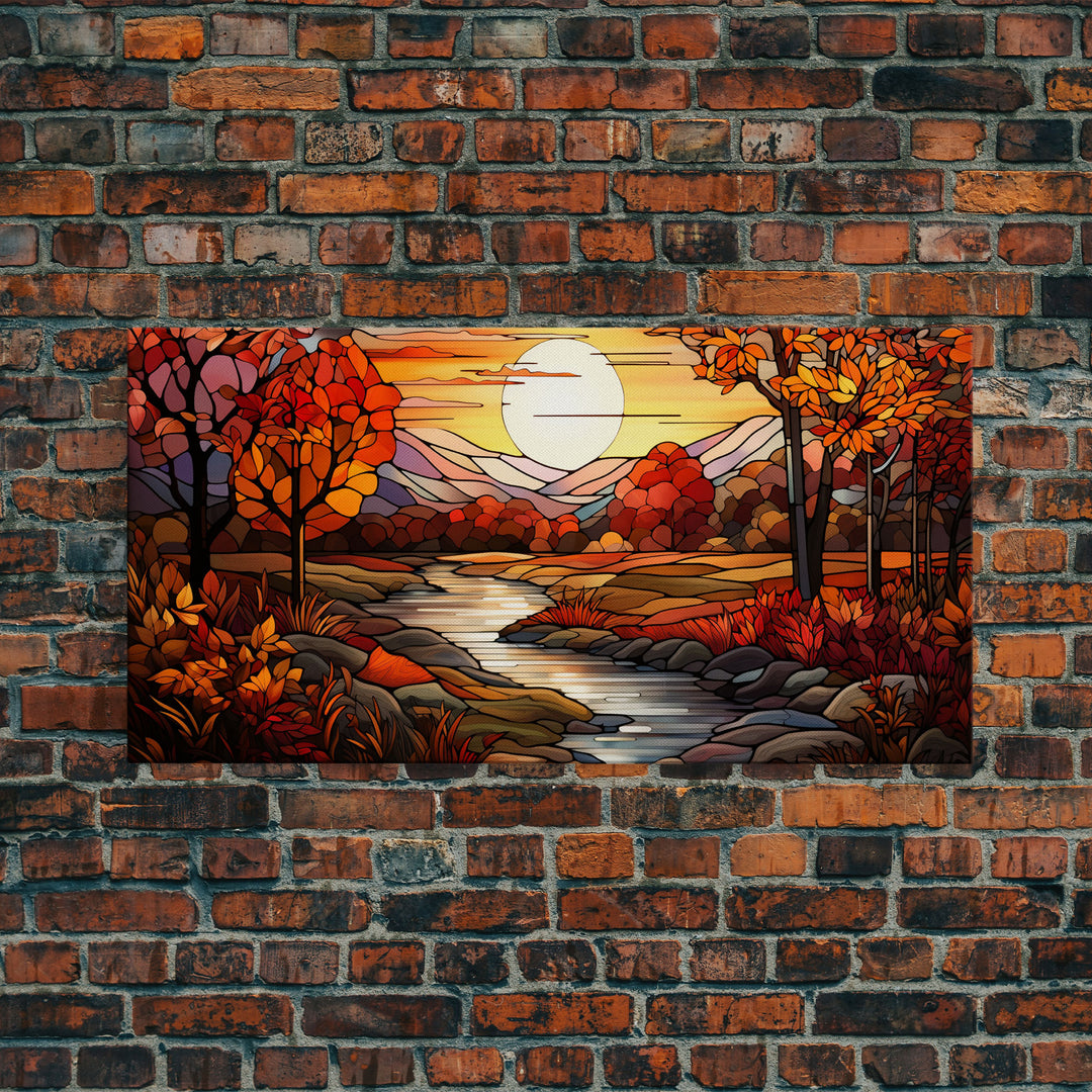 Fall Centerpiece Landscape Painting Canvas Print, Stained Glass Style Art, Stained Glass Wall Art, Autumn Decor, Rustic Fall Art, Fall Decor