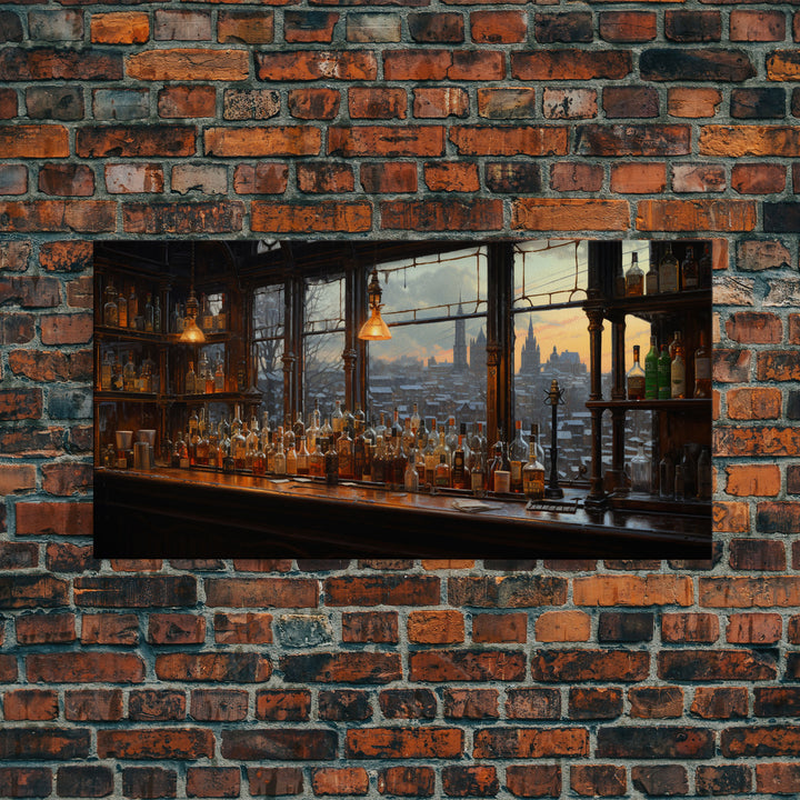 Old Timey Western Bar, Oil Painting Of A Vintage Bar Overlooking The City, Kitchen Art, Kitchen Wall Art, Home Bar Decor, Bar Cart Art