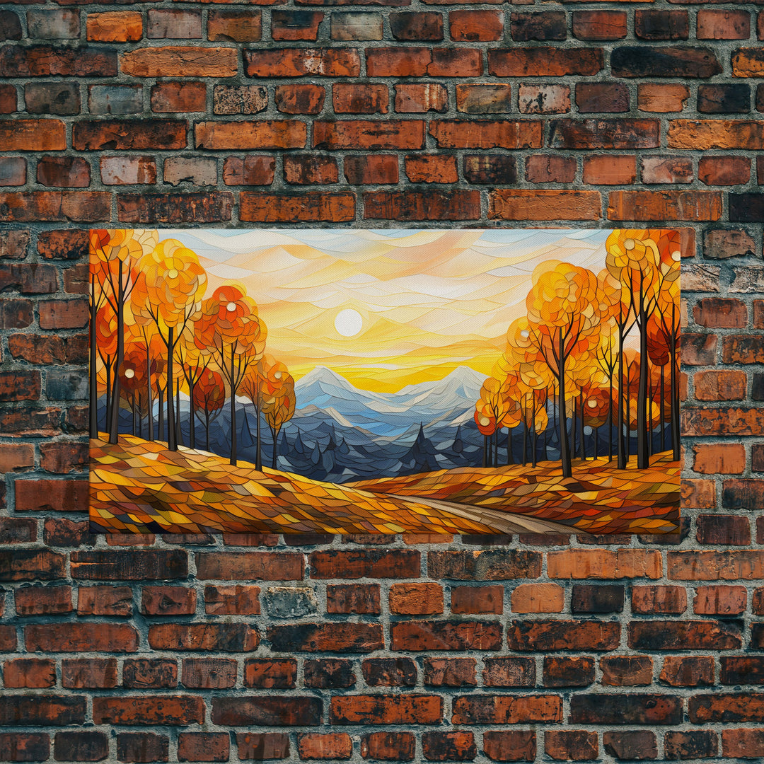 Fall Trees, Autumn Wall Art, Abstract Nature Painting, Sunset Art, College Dorm Decor, Camper Wall Decor, Canvas Wall Art, Panoramic Art