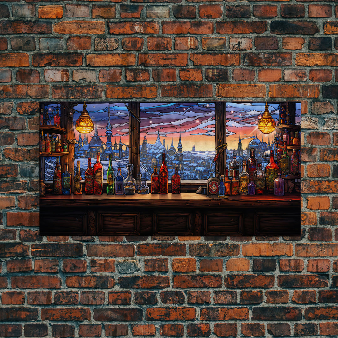 Tavern Art, Window, Winter Wall Art, Bottles Print, Canvas Print, Wall Hanging, Landscape Art, Family Room Art, Business Gift, Travel Print