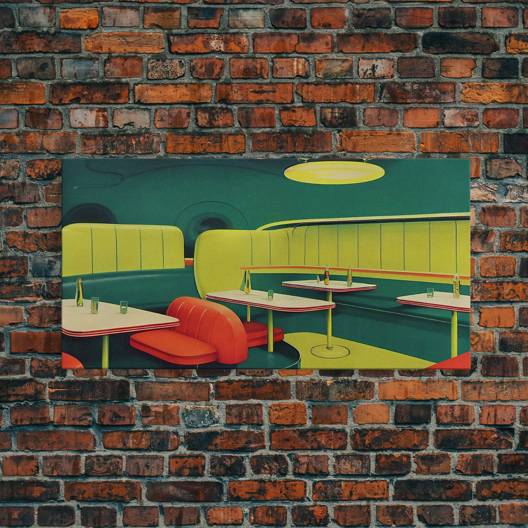 Retro Art, Lime green 1950s style art deco diner, framed canvas print, ready to hang framed wall art