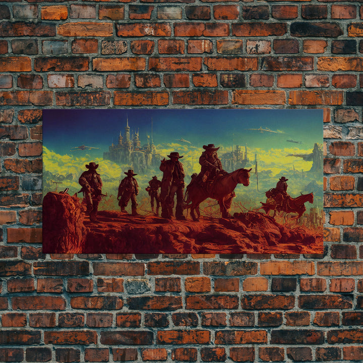 Space Cowboys, Wildwest Scifi Mashup Fantasy Art, framed canvas print, ready to hang framed wall art