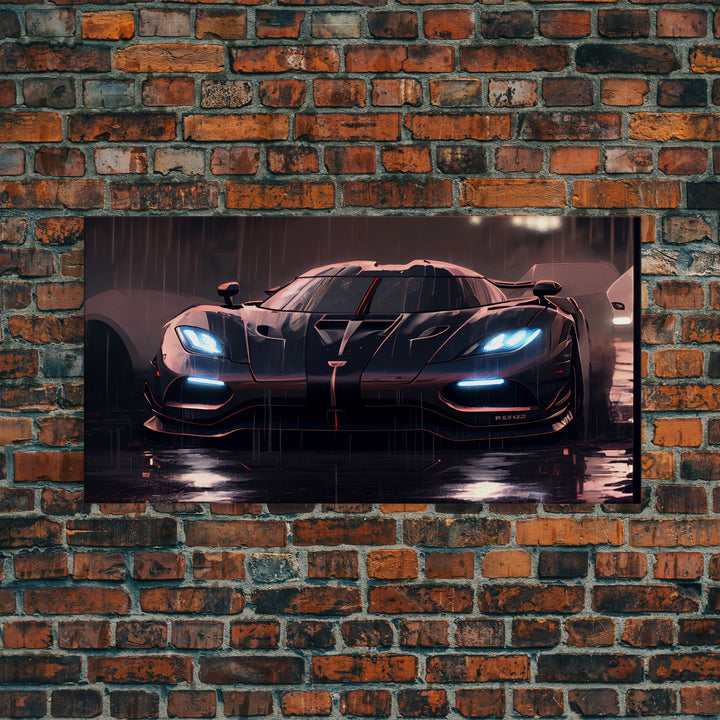 Koenigsegg Agera in the Rain, Supercar Art, Framed Canvas Print