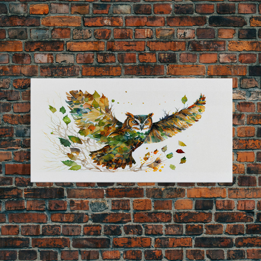 Owl wall art, framed canvas print, owl decor, nature art, owl print, owl painting, owl made of leaves double exposure art