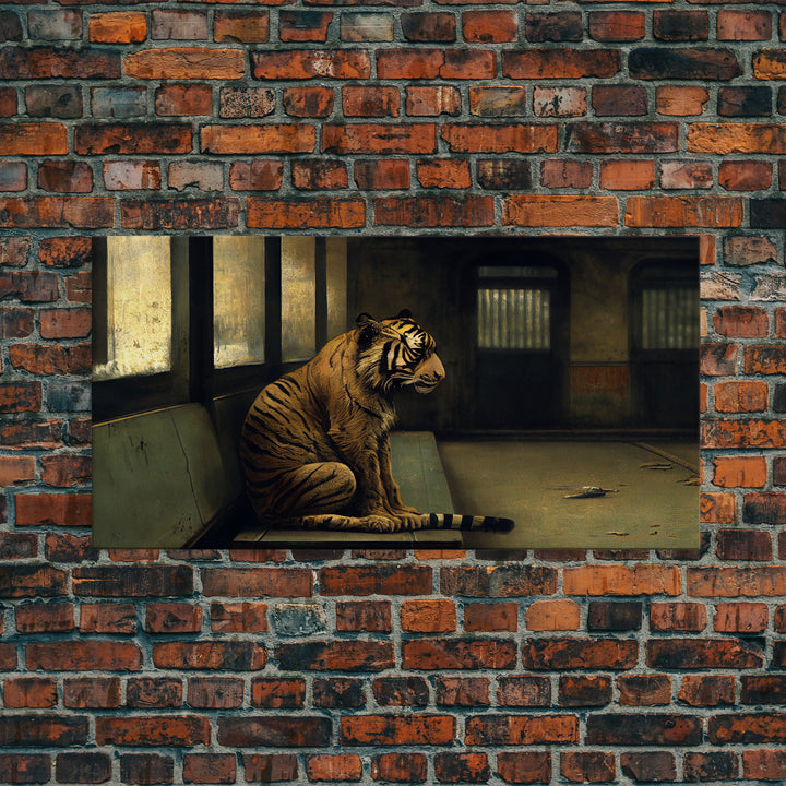 Tiger in a Subway train car, Post-apocalyptic urban decay art, framed canvas print