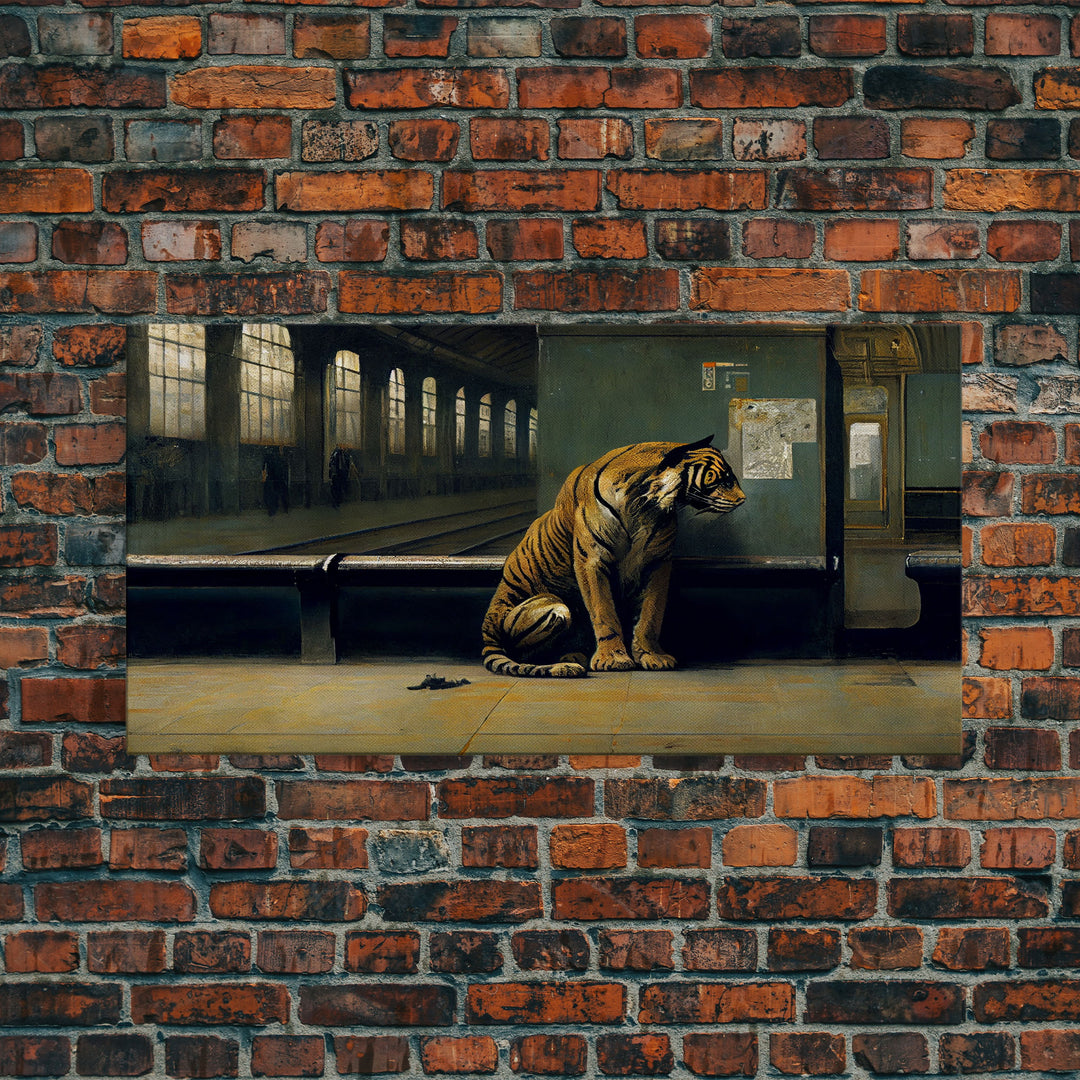 Tiger in a Subway train station, Post-apocalyptic urban decay art, framed canvas print