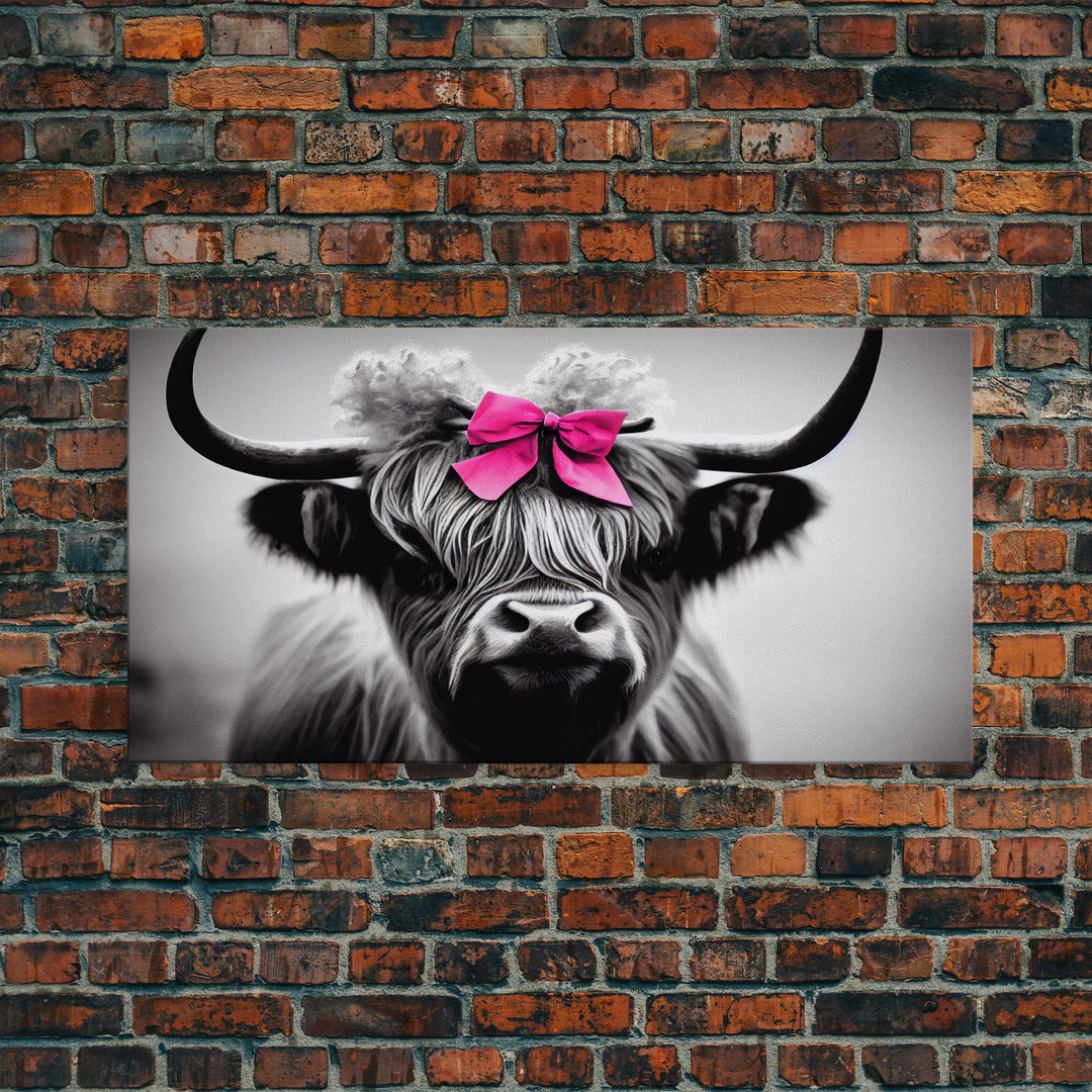 Cute Highland Cow wearing a Bow, Pink Bow on a Cute Cow, framed canvas print, black and white farmhouse cow art