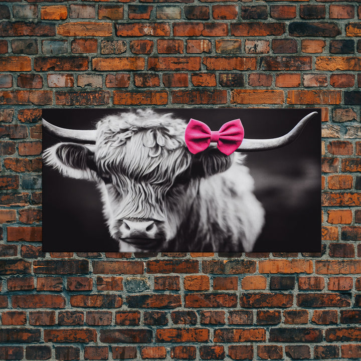 Highland cow canvas wall art, farmhouse decor, black and white cow, cute cow wearing a pink bow, framed canvas print, Scottish cow art