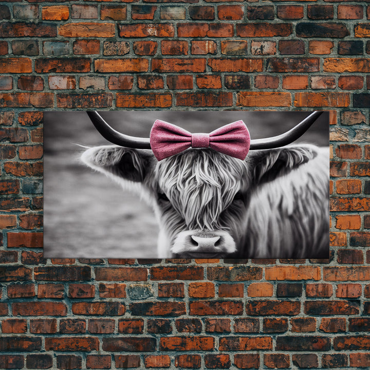 Highland cattle canvas, wall art, Farmhouse decor, Cute Cow Black White print Rustic wall decor Animals painting Scottish cow wall art