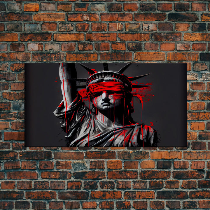 Statue of liberty wearing a bloody blindfold, Dystopian graffiti art, NYC, framed canvas print, pop art Statue of Liberty