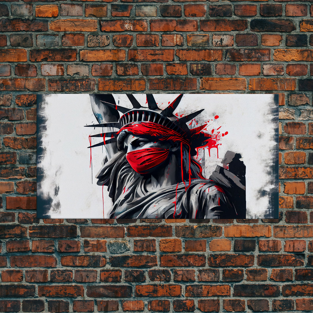 Statue of liberty wearing a bloody Covid mask, Dystopian graffiti art, NYC, framed canvas print, pop art Statue of Liberty