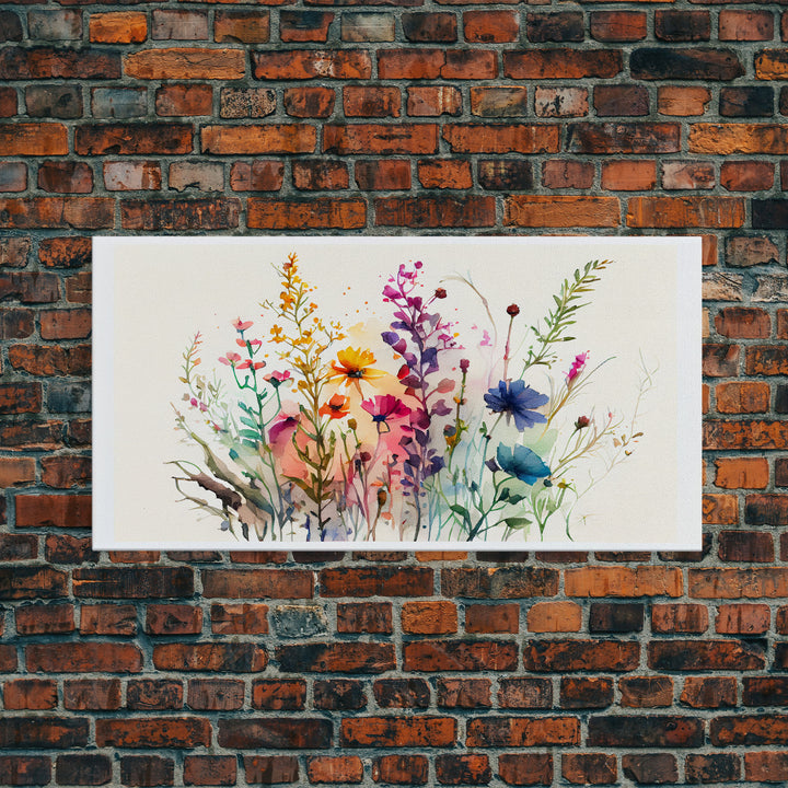 Panoramic Wildflower Canvas Print, Watercolor Flowers, Farmhouse Decor, Meadow Grass, Bedroom Wall Decor, Pastel Colors, Botanical Greenery