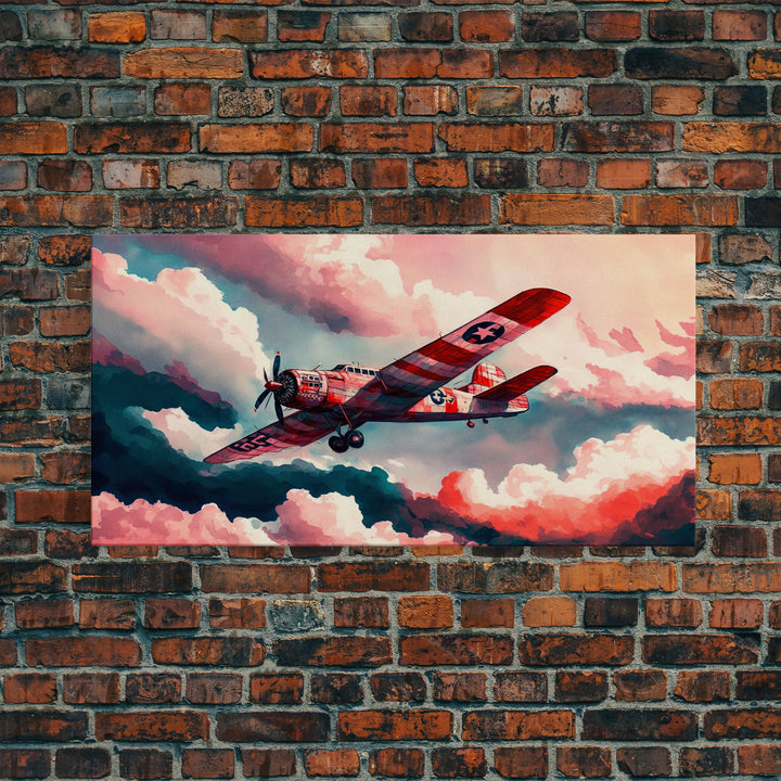 1930s Airplane in Flight, Watercolor, Framed Canvas Print, Home Decor For Pilots, Gift for Airplane Enthusiasts