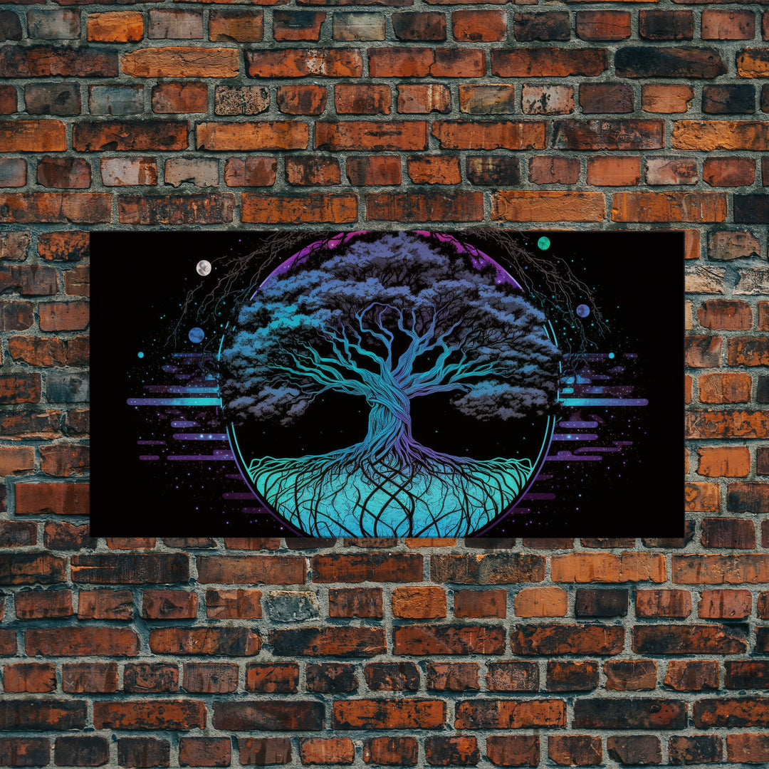 Norse Mythology Art, Synthwave Style Yggdrasil Tree of Life and the 9 Realms, Fantasy Art, Framed Canvas Print, Game Room Nordic Art