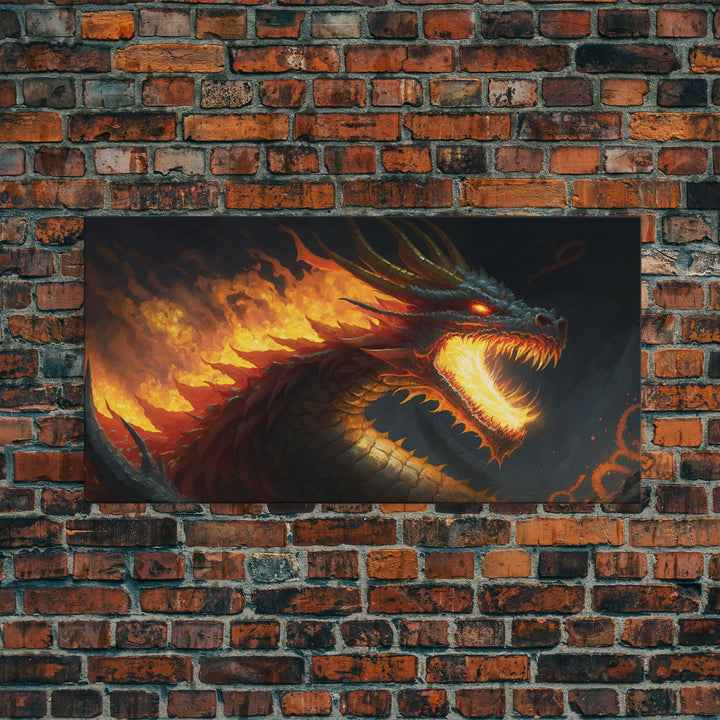 Fire Breathing Horned Dragon, Framed Canvas Print, Colorful Fantasy Wall Art, Videogame Concept Decor