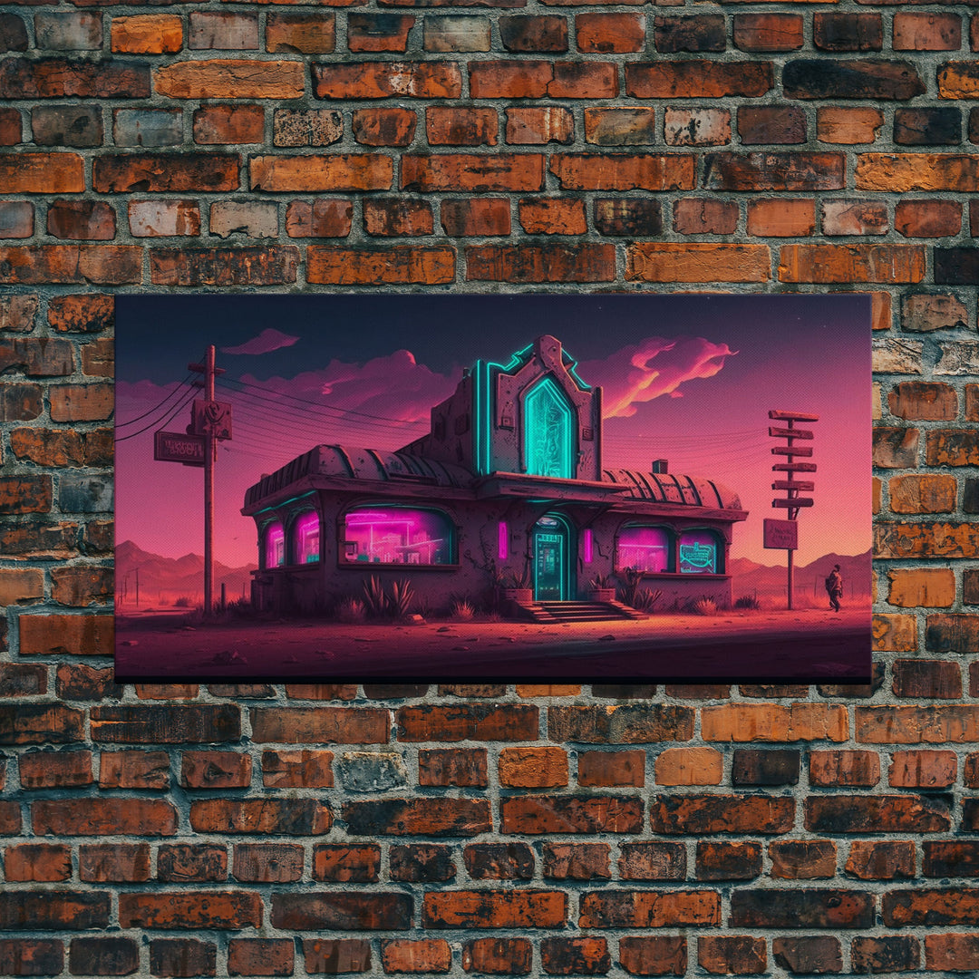 Art Deco Cyberpunk Diner, Wild West Mashup Art, Framed Canvas Print, Neon Art, Wild West Concept Art