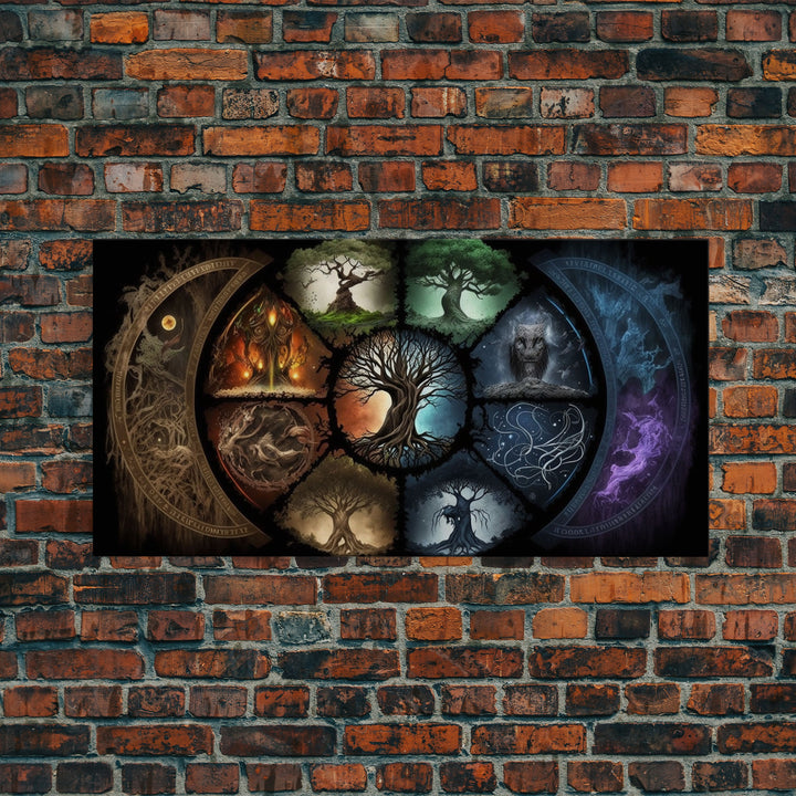 The Interconnected 9 Realms of Norse Mythology with Yggdrasil, Nordic Art, Framed Canvas Print, Nine Realms, Viking Art