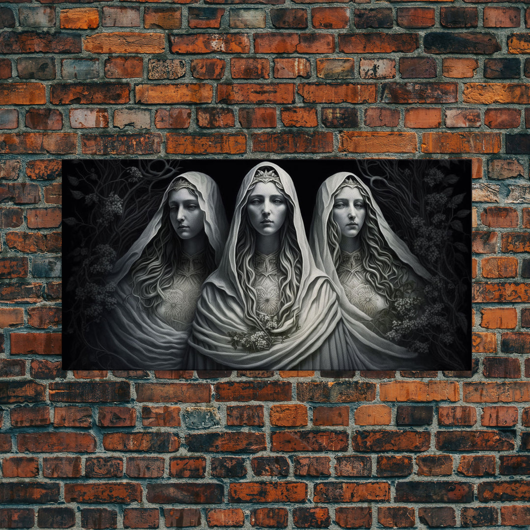 The Norns, Norse Mythology, Weavers of Fate, Framed Canvas Print,  Urðr, Verðandi, and Skuld, Black and White Norse Fantasy Art