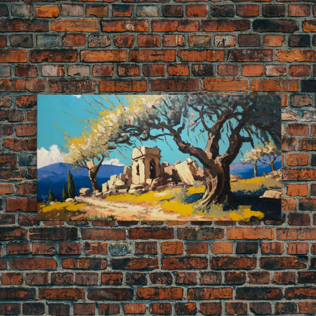 Ancient Roman Ruins, Framed Canvas Print, Old World Art, Olive Tree Amongst The Ruins, Living Room Decor