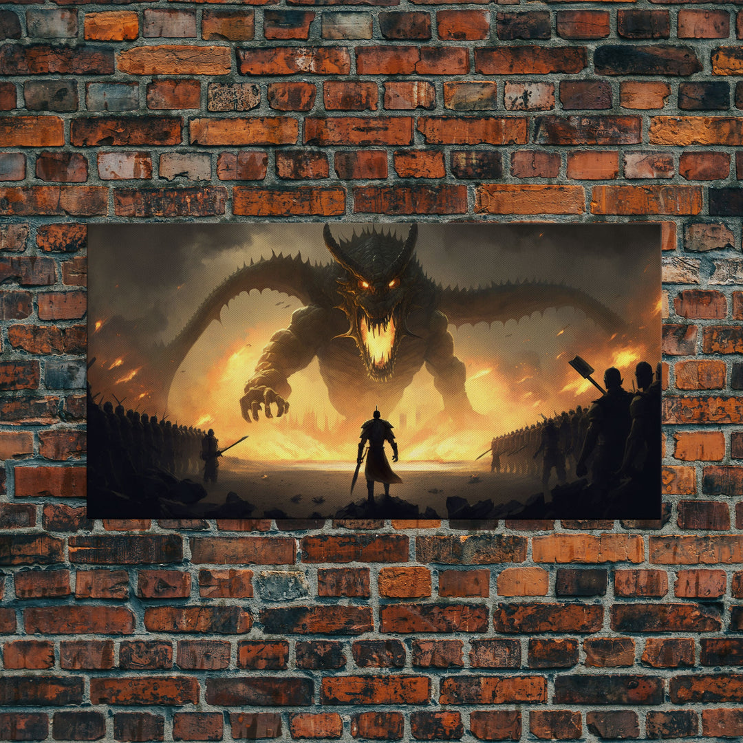 Warrior Facing Down a Dragon, Framed Canvas Print, Unique Fantasy Wall Art, In The Time of Dragons