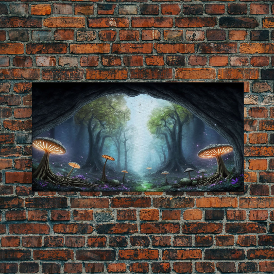 Magical Enchanted Mushroom Forest, Fantasy Art, Framed Canvas Print, Bioluminescent Butterflies in an Enchanted Forest, Glowing Art