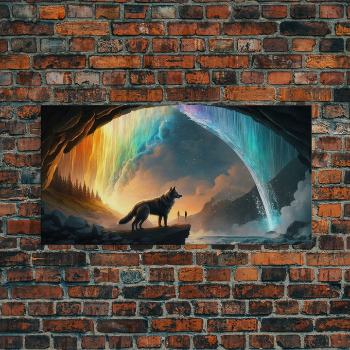 Fenrir, Mythological Wolf, With Bifrost. Norse Mythology Fantasy Art, Framed Canvas Print, Nordic Art