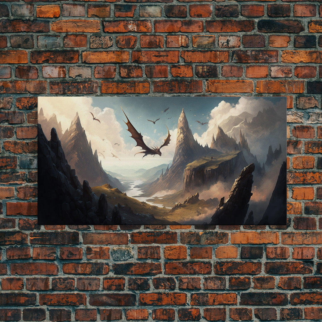 Dragons in Flight Over a Valley, Fantasy Art, Framed Canvas Print, Medieval Fantasy Art, Fire breathing dragons