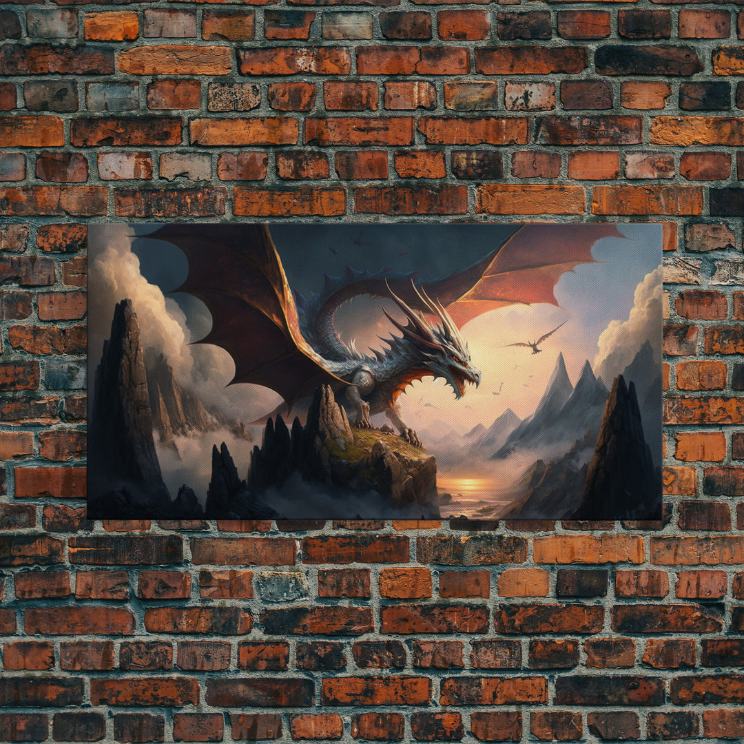 White Dragon on a Mountain Top,  Fantasy Art, Framed Canvas Print, Medieval Fantasy Art, Fire breathing dragons