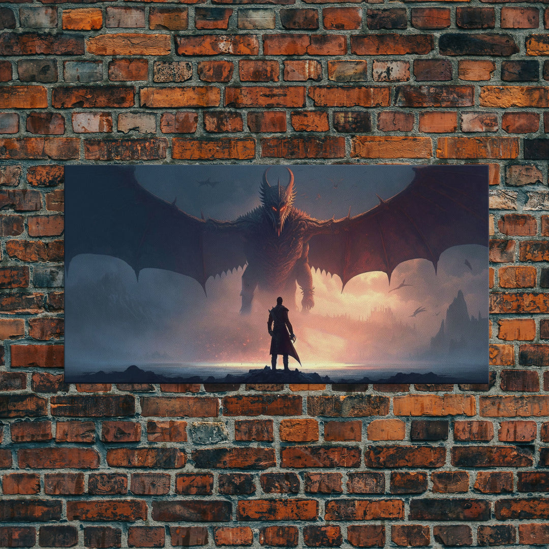 Warrior Facing Down a Dragon, Framed Canvas Print, Unique Fantasy Wall Art, In The Time of Dragons