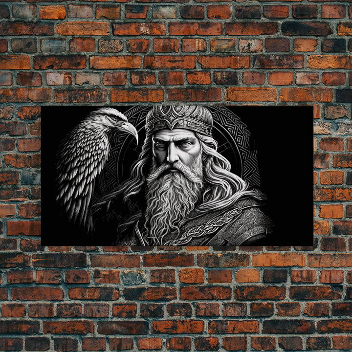 Black and White Portrait of Odin and Muninn, King of The Gods, Framed Canvas Print, Odin's Ravens, Norse Mythology Art