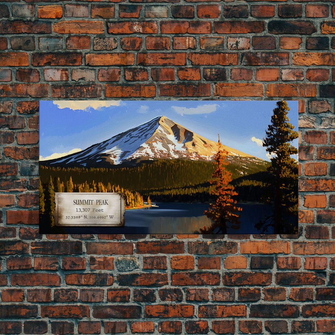 Summit Peak, Travel Poster Wall Art, Framed Canvas Print, American Mountains, Mountain Landscape Painting, Mountains of Colorado