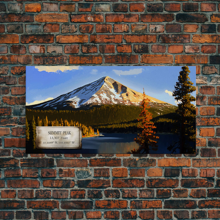 Summit Peak, Travel Poster Wall Art, Framed Canvas Print, American Mountains, Mountain Landscape Painting, Mountains of Colorado