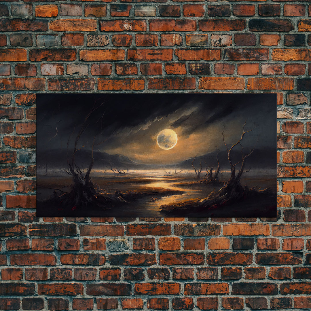 Midnight In The Swamp, Framed Canvas Print, Fantasy Art Canvas, Wall Art, Game Room Art, Full moon