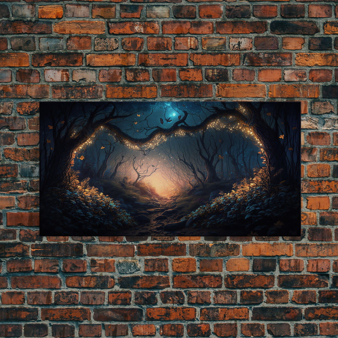 Wreath of Fireflies, Beautiful Fantasy Art, Framed Canvas Print, Moonlit Forest Floor Fantasy Concept Art