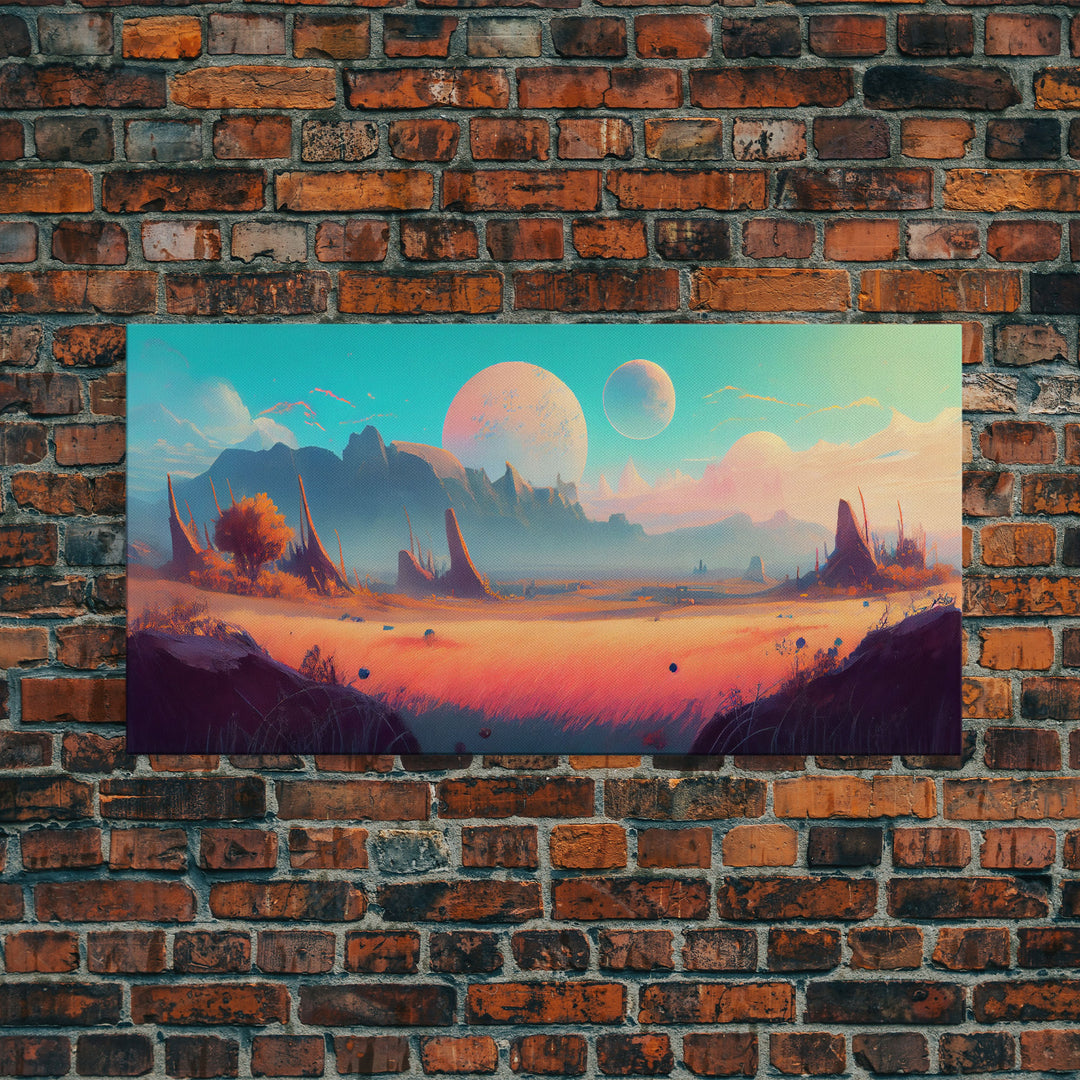 Scifi Landscape Wall Art, Framed Canvas Print, Canvas Art, Two Moon Scifi Planet Watercolor Painting