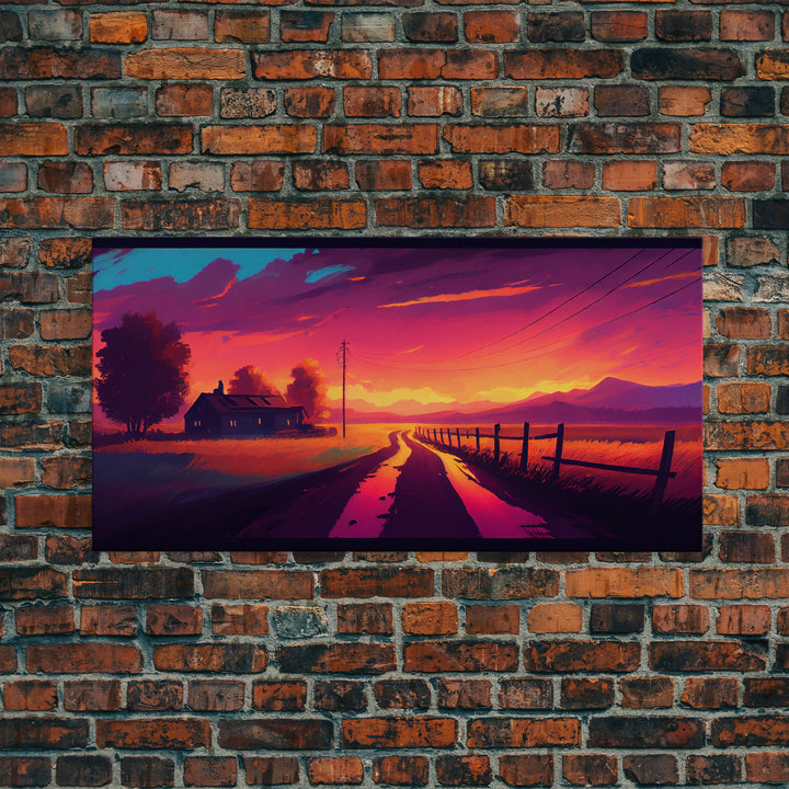 Synthwave Style Farmhouse Art, Dirt Roads, Country Roads, Sunset Art, Framed Wall Art, Canvas Print, Watercolor Wall Art Original Painting