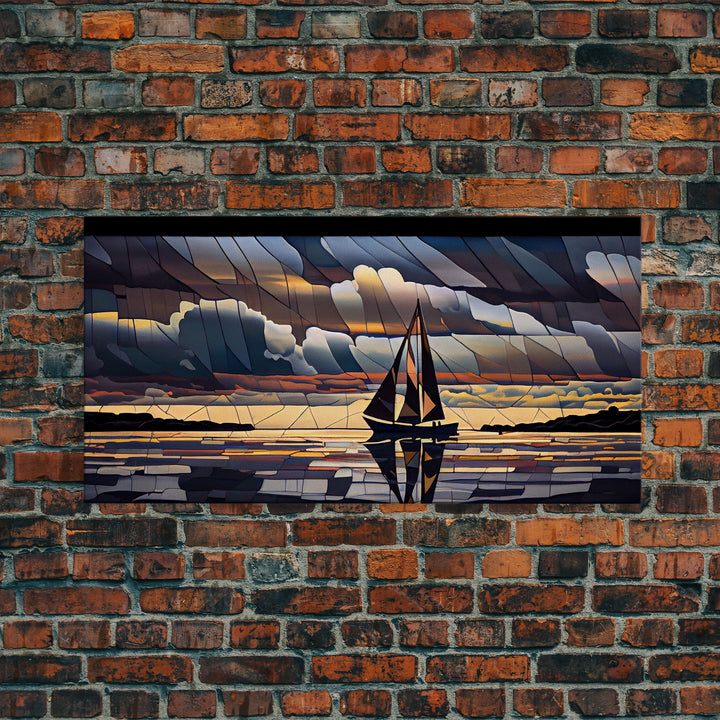 Art Deco Stained Glass Sail Boat Wall Art | Framed Canvas Print | Nautical Art | Seascape Art | Beach House Decor