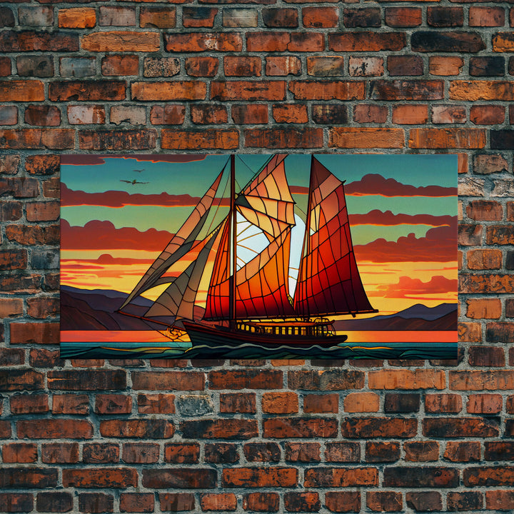 Art Deco Stained Glass Sail Boat Wall Art | Framed Canvas Print | Nautical Art | Seascape Art | Beach House Decor