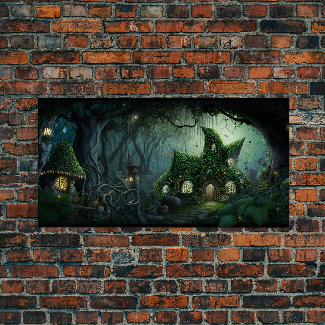 Gnome City, Wall Art, Fantasy Canvas Print, Framed Art, Tiny Gnome Houses On The Forest Floor