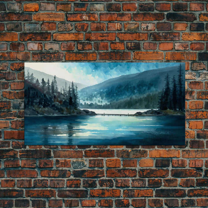 Mountain Lake, Watercolor Landscape Painting Canvas Print - Ready To Hang Large Gallery Wrapped Canvas Wall Art Prints With Floating Frames