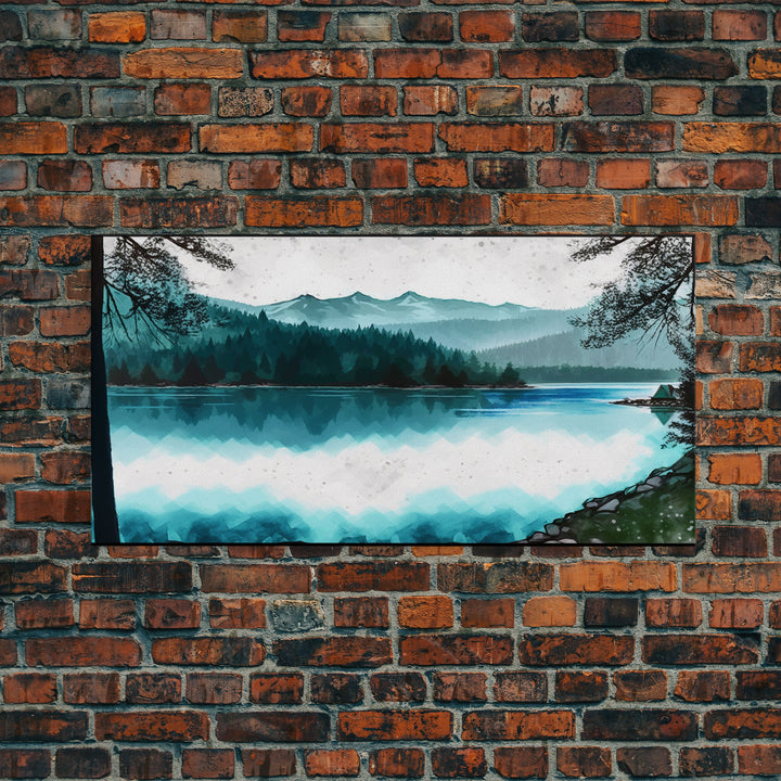 Mountain Lake, Watercolor Landscape Painting Canvas Print - Ready To Hang Large Gallery Wrapped Canvas Wall Art Prints With Floating Frames