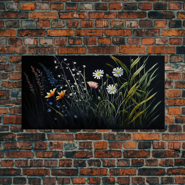 Meadow Flowers, Black Background, Framed Canvas Print, Floral Study Watercolor Painting