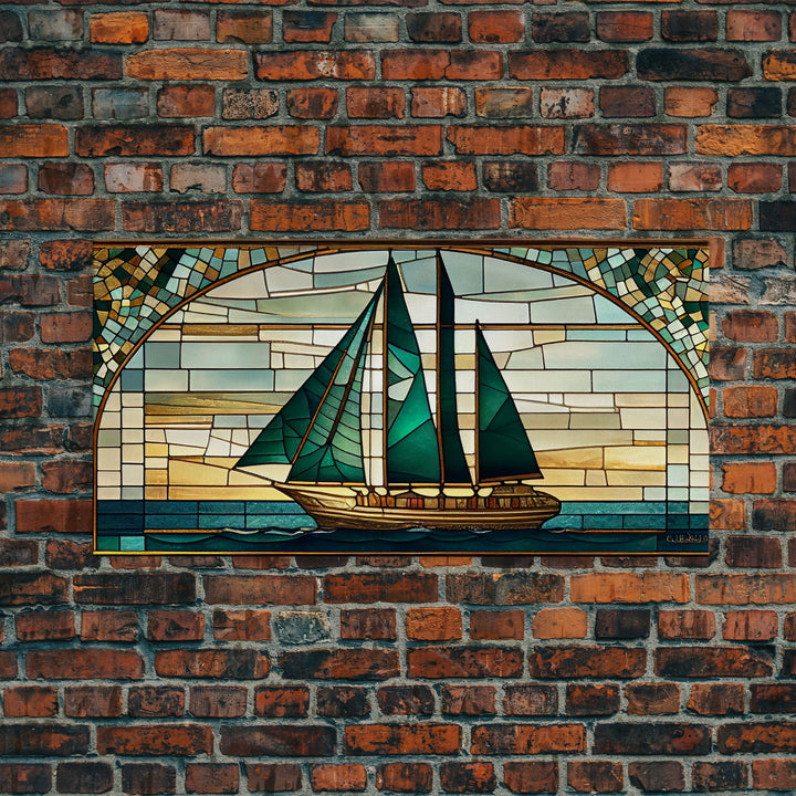 Emerald Green and Gold Art Deco Sail Boat, Framed Canvas Print, Retro MCM Style Wall Art, Midcentury Modern, Stained Glass, Huge Art